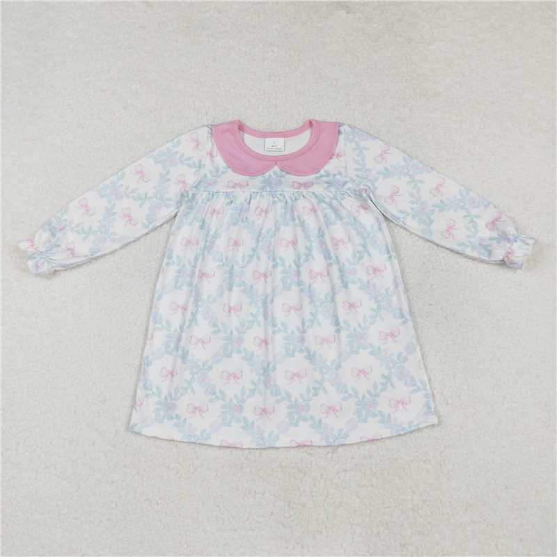 RTS NO MOQ Baby Girls Long Sleeve GLD0854 Flowers Bows Knee Length Dresses