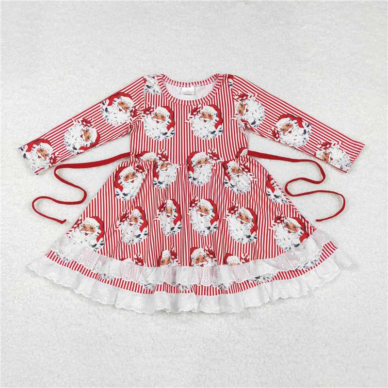 RTS NO MOQ Baby Girls Long Sleeve GLD0786 Christmas Stripes Santa Ruffles Knee Length Dresses