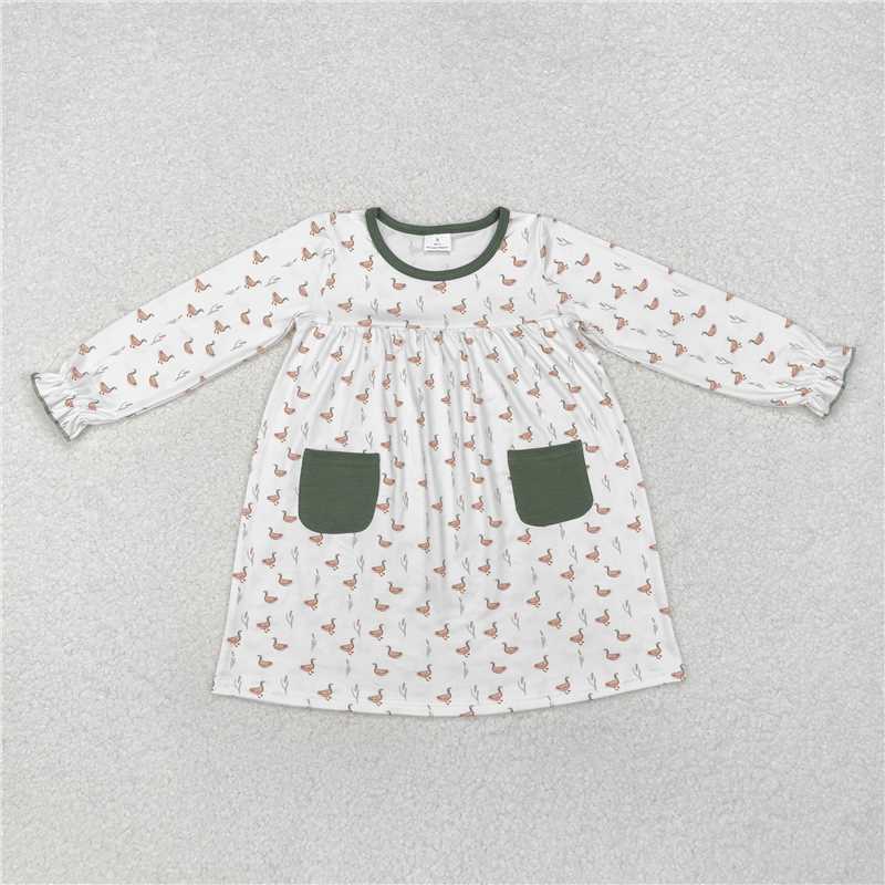 RTS NO MOQ Baby Girls Long Sleeve GLD0717 Fall Ducks Green Pockets Knee Length Dresses