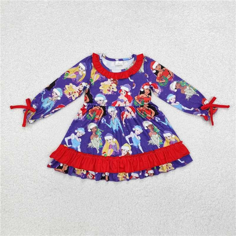 RTS NO MOQ Baby Girls Long Sleeve GLD0815 Christmas Princess Ruffle Knee Length Dresses