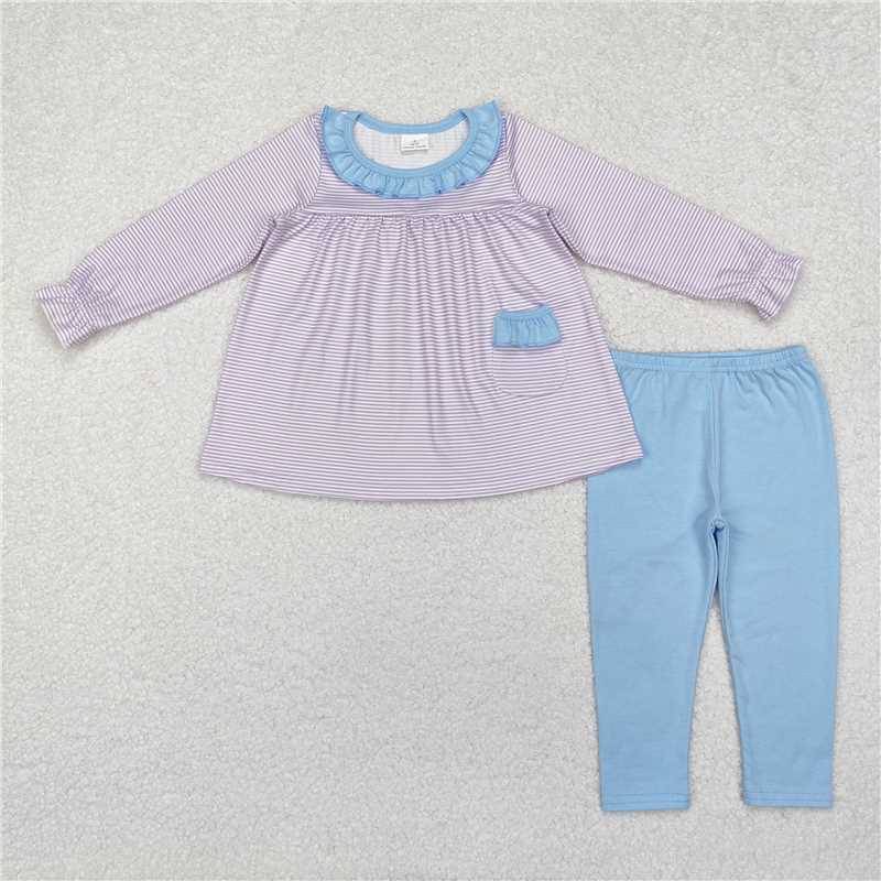 RTS NO MOQ Baby Girls Long Sleeve Outfits GLP1982 Lavender Stripes Pocket Tunic Top Legging Clothes Sets