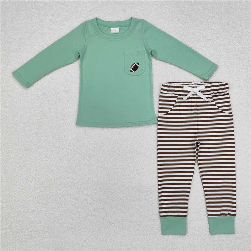 RTS NO MOQ Baby Boys Sets BLP0793 Green Football Pocket Top Stripes Pants Outfits Sets