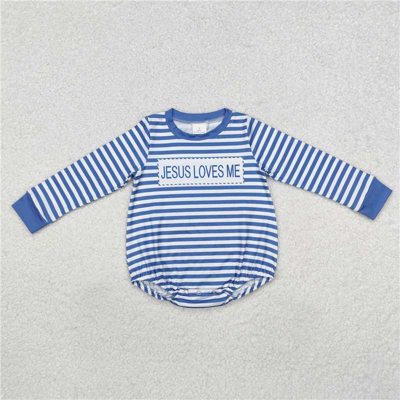 5.13 RTS NO MOQ Baby Boys Bodysuit LR1556 Blue Stripes Long Sleeve Jesus Loves Me Rompers