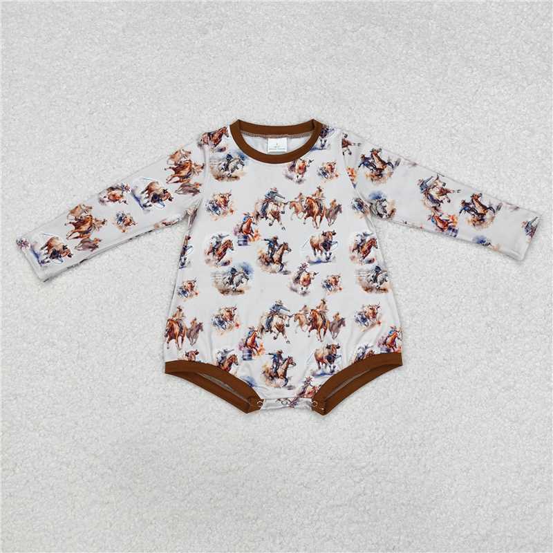 5.13 RTS NO MOQ Baby Boys Bodysuit LR1866 Long Sleeve Western Horse Rodeo Rompers