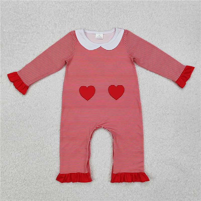 5.14 RTS NO MOQ Baby Girls Bodysuit LR2113 Valentines Red Stripes Long Sleeve Hearts Rompers