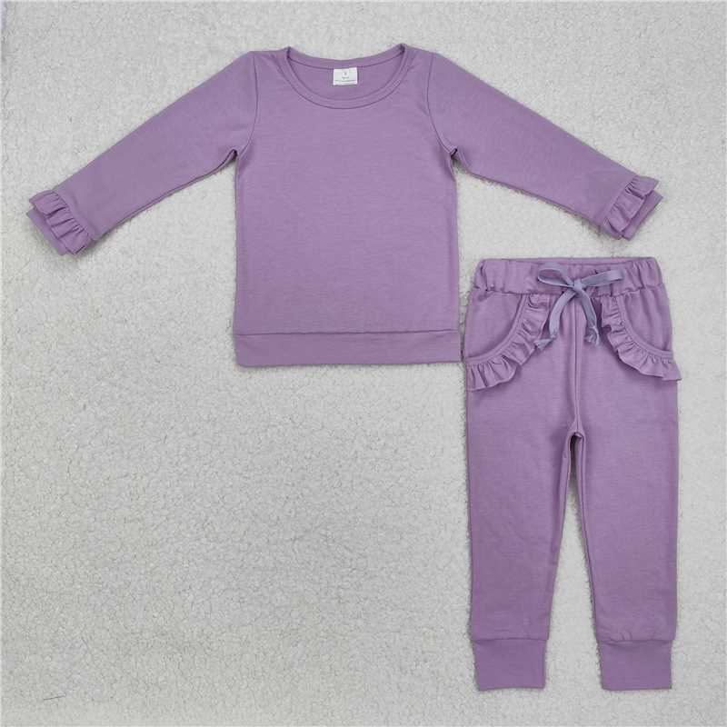 RTS NO MOQ Baby Girls Long Sleeve Outfits GLP2260 Lavender Top Ruffle Pockets Pants Jogger Clothes Sets