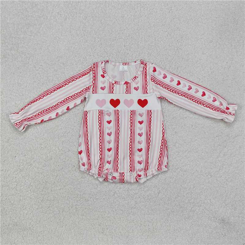 RTS NO MOQ Baby Girls Bodysuit LR2134 Valentines Pink Hearts Long Sleeves Stripes Rompers