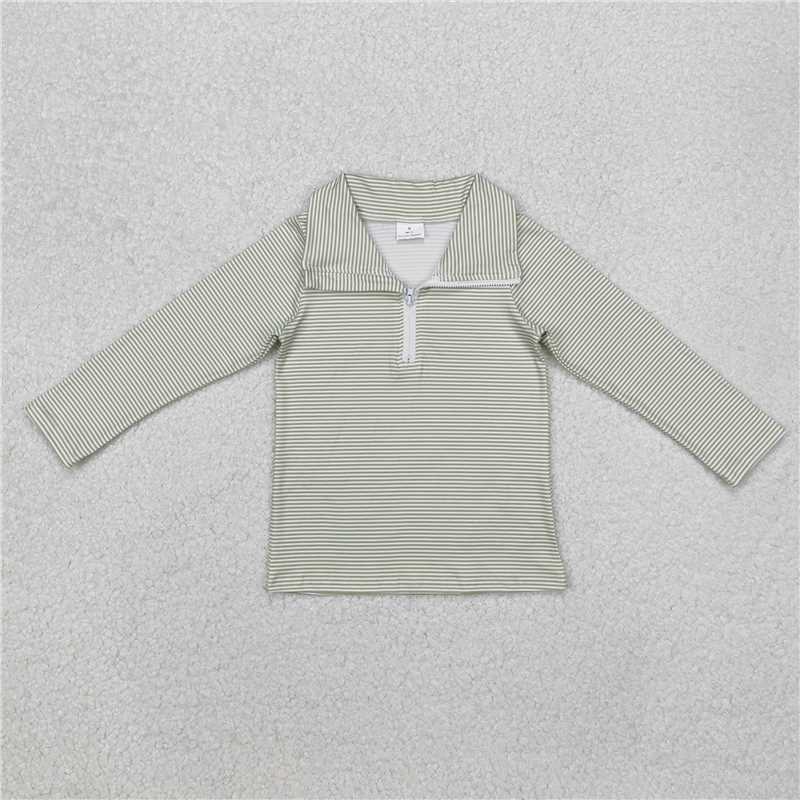 RTS NO MOQ Baby Boys Long Sleeve BT1005 Green Striped Zip Shirt Pullovers Tops