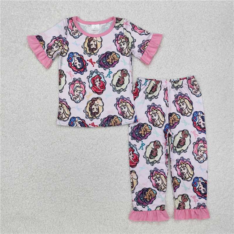 RTS NO MOQ Baby Girls Summer Kids Sets GSPO1846 Princess Ruffles Pink Shirt Pants Pajamas Clothes Sets