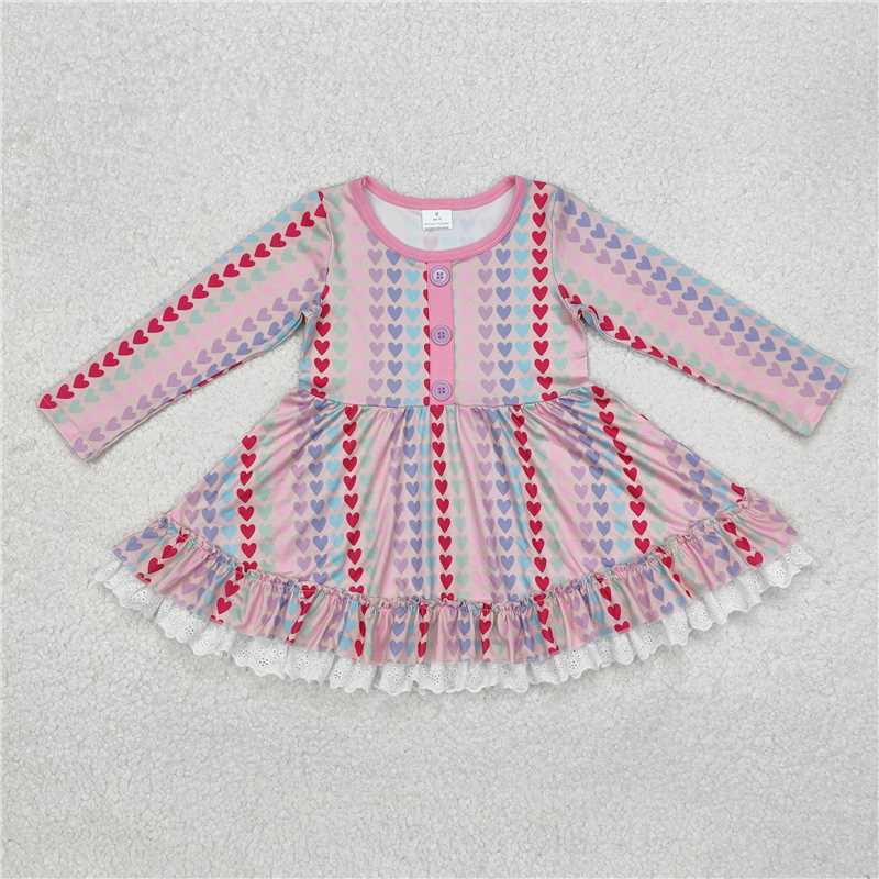 RTS NO MOQ Baby Girls Long Sleeve GLD0877 Valentines Hearts Ruffle Knee Length Dresses