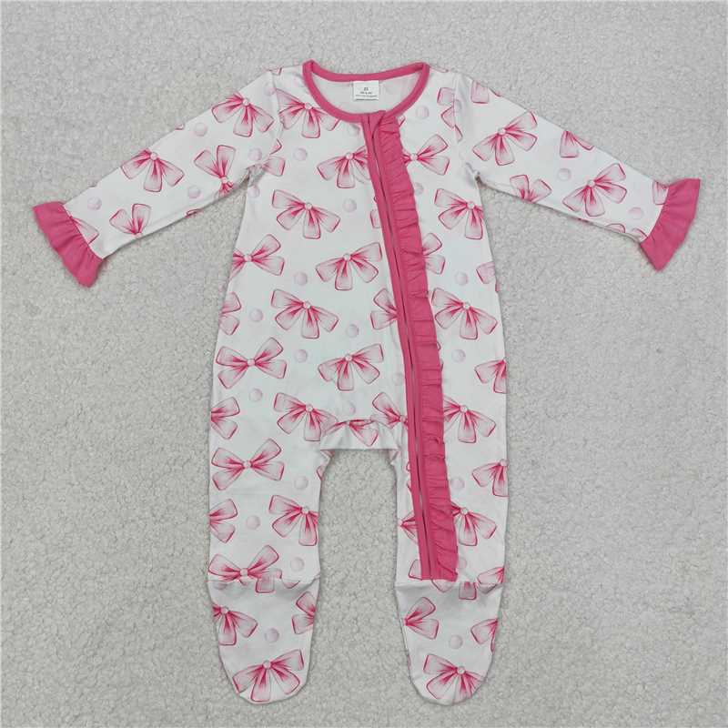 RTS NO MOQ Baby Girls Bodysuit LR1770 Long sleeves Pink Bows Ruffle footed zipper Rompers