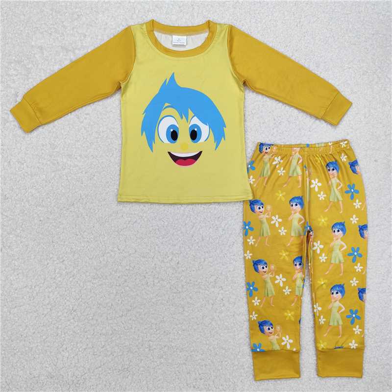 RTS NO MOQ Baby Girls Long Sleeve Outfits GLP2240 Yellow Long Sleeves Floral Top Pants Pajamas Sets