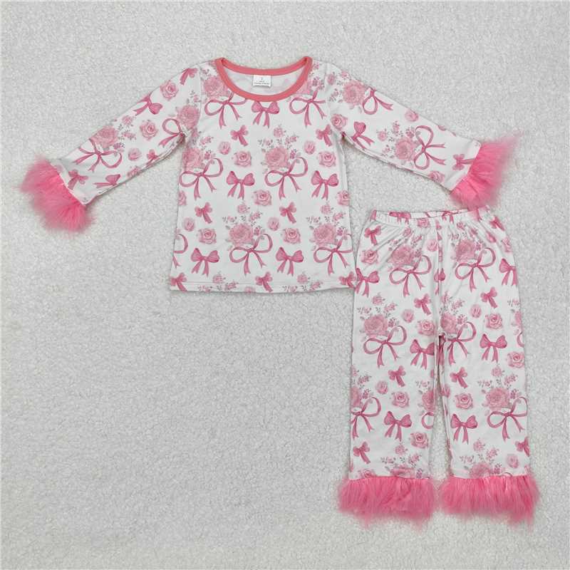 RTS NO MOQ Baby Girls Long Sleeve Outfits GLP2215 Valentines Pink Bows Fur Shirt Pants Pajamas Clothes Sets
