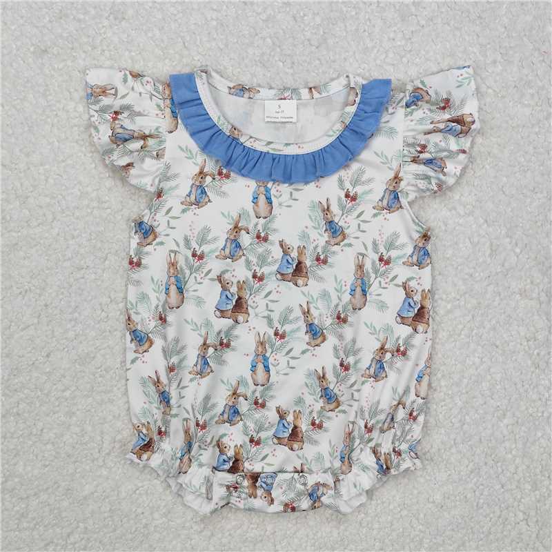 RTS NO MOQ Baby Girls Summer Bodysuit SR2287 Easter Rabbits Light Blue Flutter Sleeve Rompers