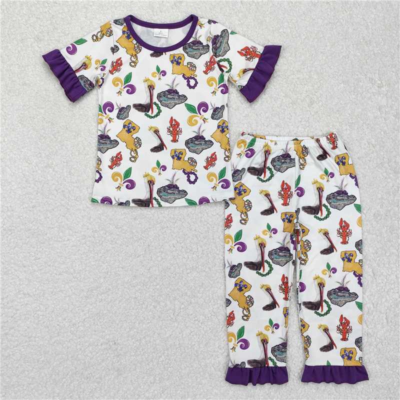 RTS NO MOQ Baby Girls Summer Kids Sets GSPO1921 Mardi Gras Bird Crawfish Shirt Pants Pajamas Clothes Sets