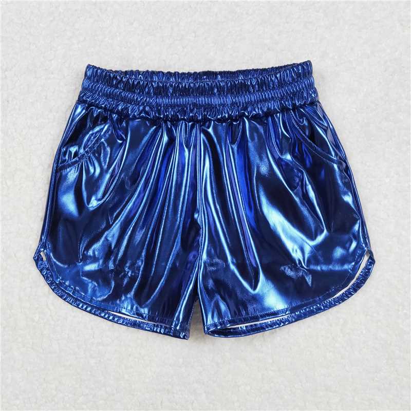 RTS NO MOQ Baby Girls Summer Pants SS0409 Blue Pocket Leather Elastic Bottom Shorts