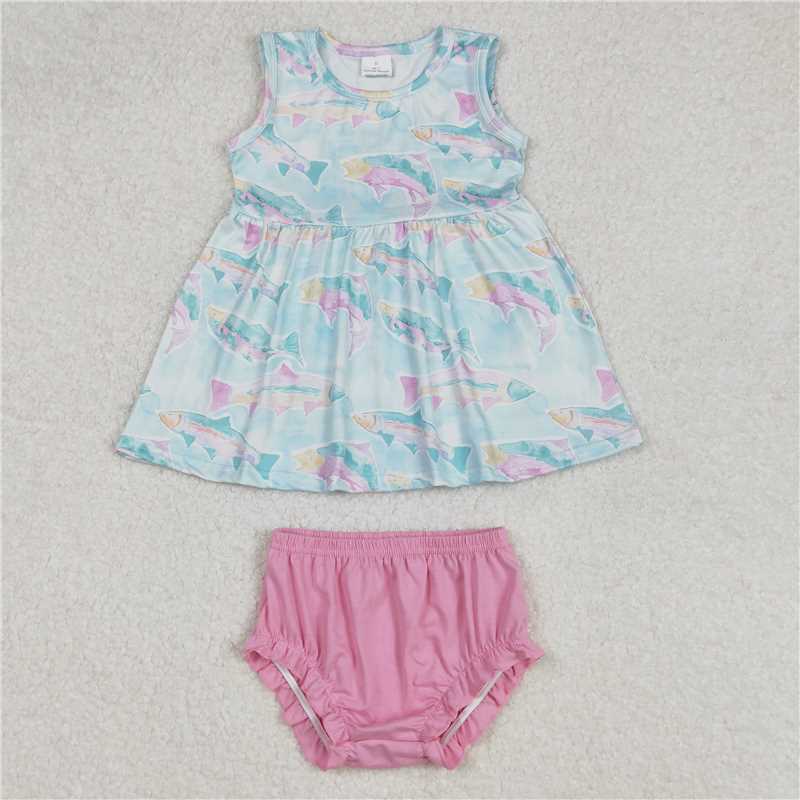RTS NO MOQ Baby Girls Summer Outifts GBO0464 Blue Shark Tunic Sleeveless Top Bummies Clothes Sets