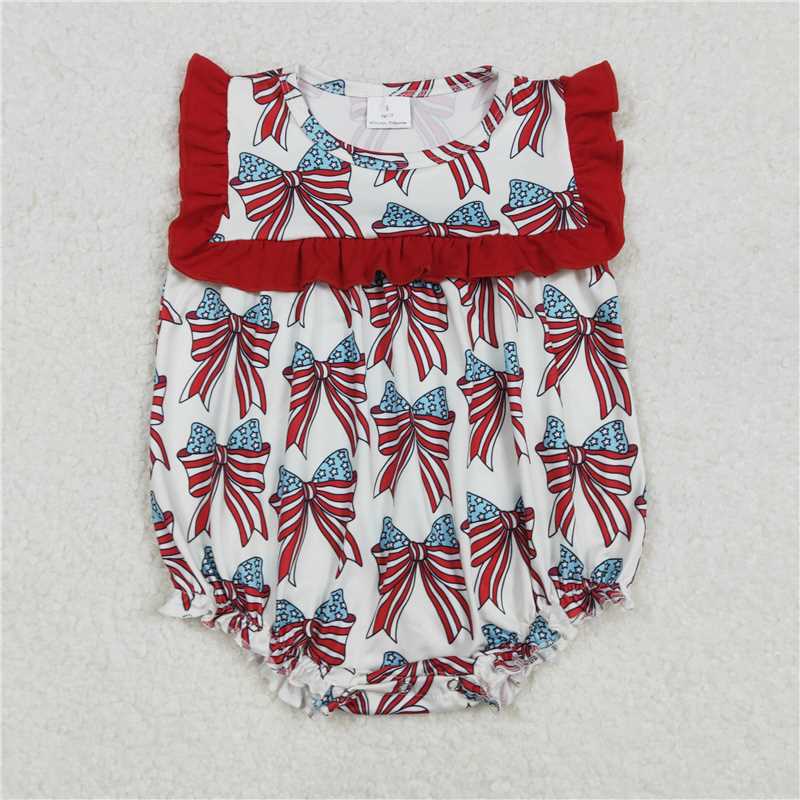 RTS NO MOQ Baby Girls Summer Bodysuit SR2664 4th Of July Bow Red Ruffle Rompers