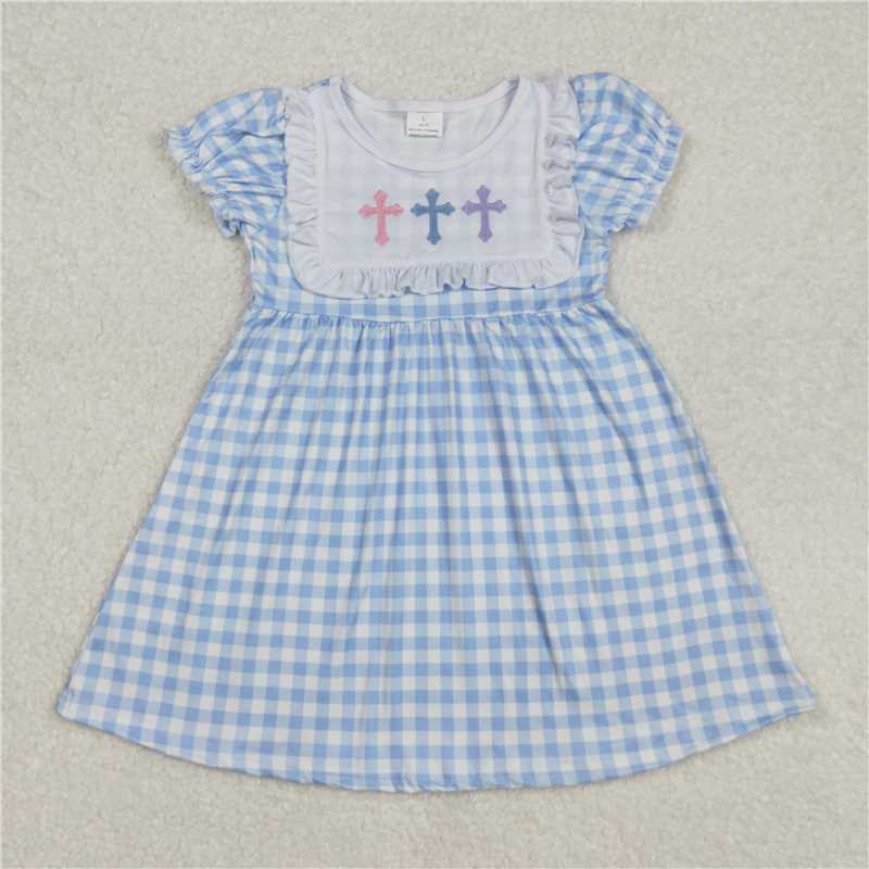 7.9 RTS NO MOQ Summer Baby Girls Dresses GSD1522 Easter Blue Checkered Cross Knee Length Dresses