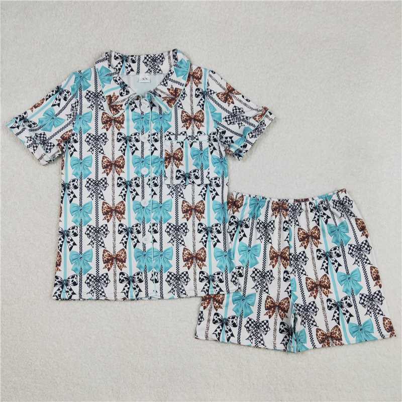RTS NO MOQ Adult Women Summer Sets GSSO1856 Western Bows Stripes Buttons Tops Shorts Pajamas
