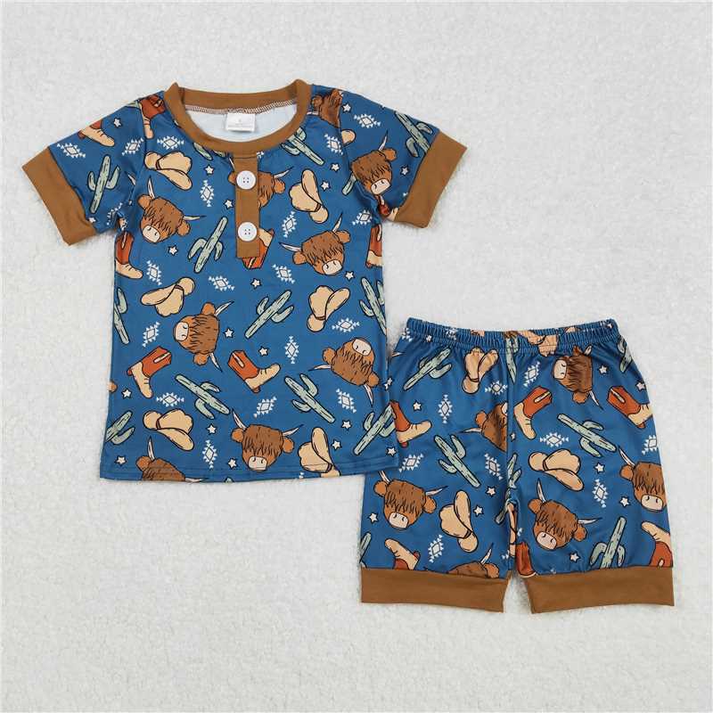RTS NO MOQ Baby Boys kids Summer sets BSSO1232 Cactus Boots Geometric Pattern Brown and Blue Short Sleeve Shorts Pajama Set