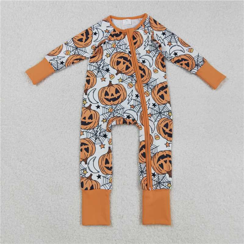 11.12 LR2528 Baby Boys Spider Web Pumpkins Halloween Zipper Footie Rompers
