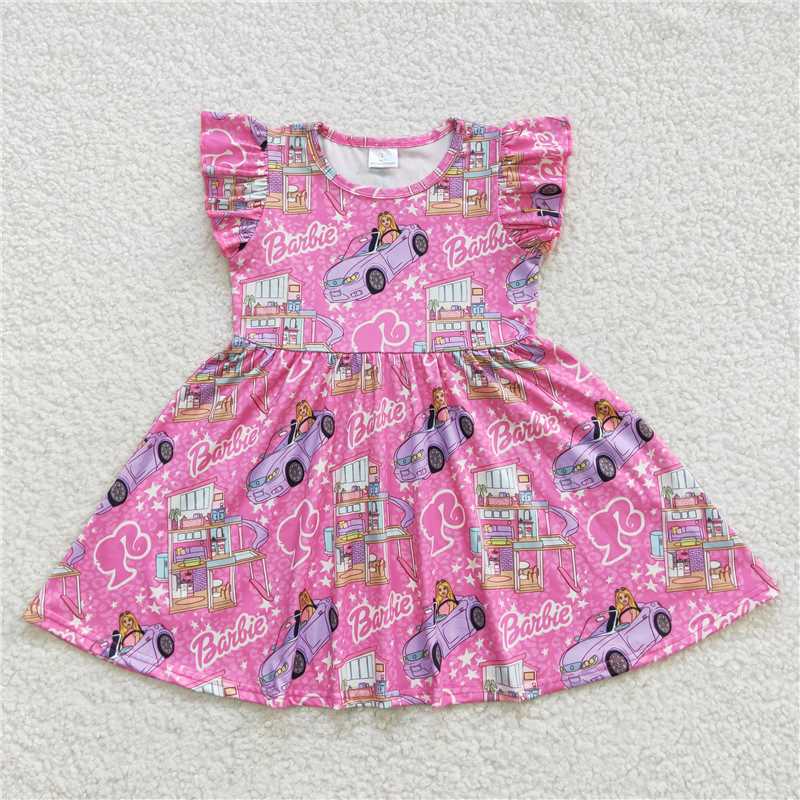 8.2 RTS NO MOQ Summer Baby Girls Dresses GSD0465 Pink Doll Flutter Sleeve Knee Length Dresses