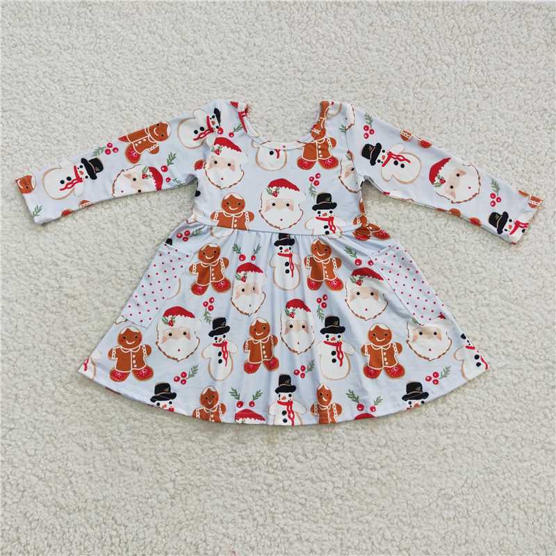 7.5 RTS NO MOQ Baby Girls Long Sleeve GLD0367 Blue Christmas Snowman Gingerbread Long Sleeve Dresses