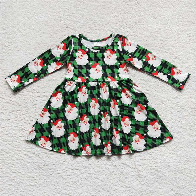 7.5 RTS NO MOQ Baby Girls Long Sleeve GLD0262 Christmas Green Plaid Santa Knee Length Dresses
