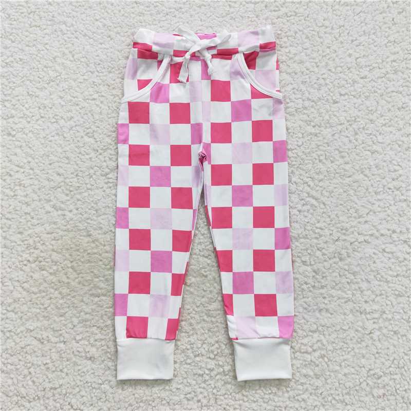 5.23 RTS NO MOQ Baby Girls Long Pants P0293 Pink Checkered Bell Bottom Pants