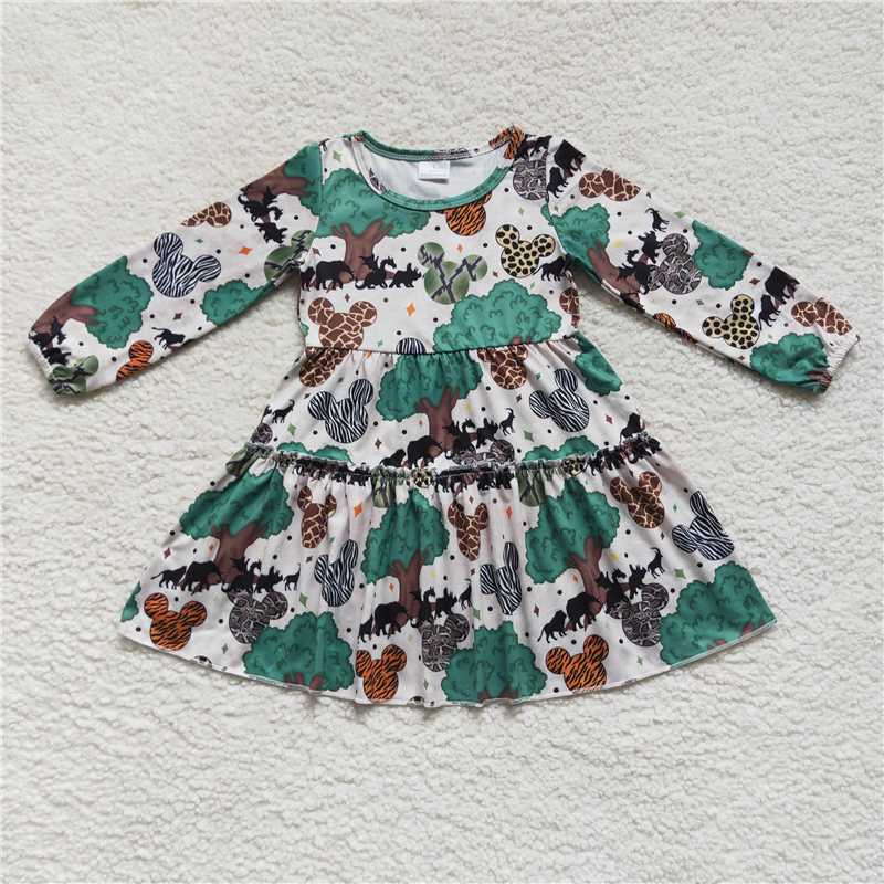 7.5 RTS NO MOQ Baby Girls Long Sleeve GLD0260 Animal Print Tree Knee Length Dresses