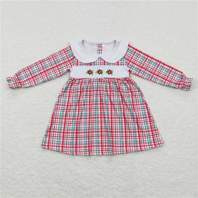 7.5 RTS NO MOQ Baby Girls Long Sleeve GLD0470 Christmas Flowers Green Red Plaid Knee Length Dresses
