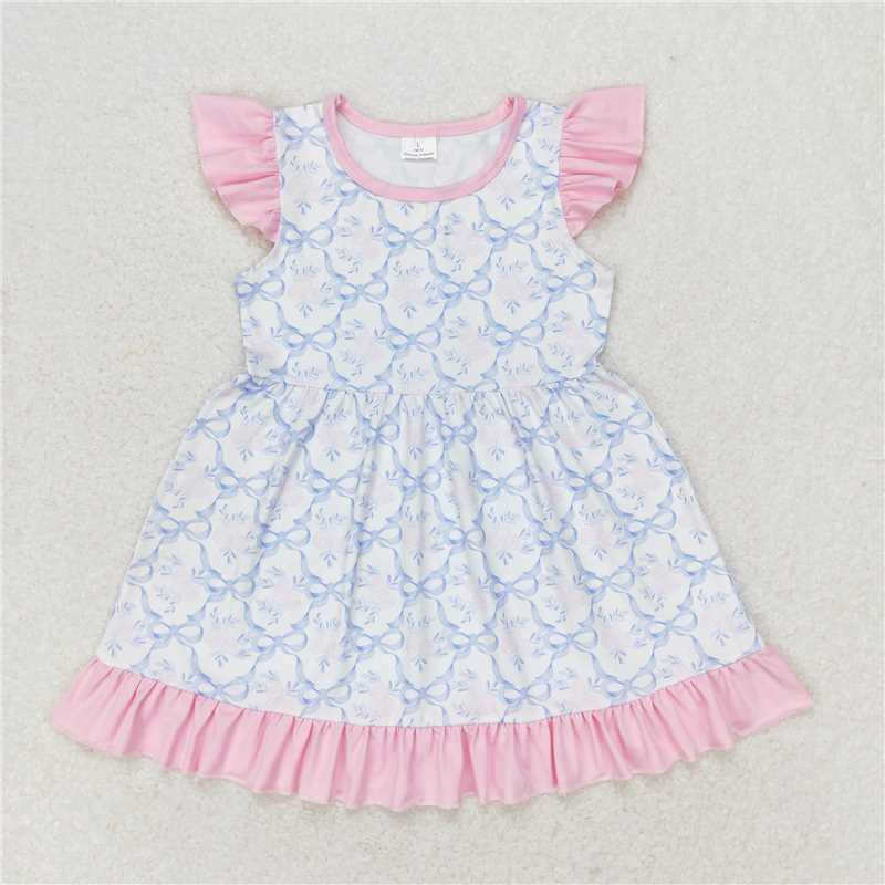 7.30 RTS NO MOQ Summer Baby Girls Dresses GSD1152 Blue Bows Flutter Sleeve Knee Length Dresses