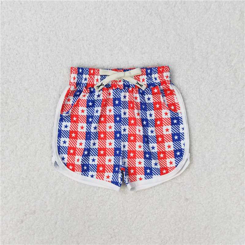 RTS NO MOQ Baby Girls Summer Pants SS0253 4th Of July Red Blue Plaid Stars Shorts