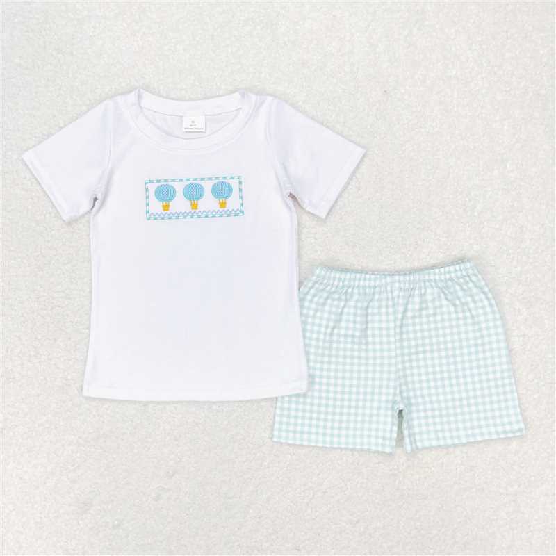 RTS NO MOQ Baby Boys kids Summer Sets BSSO0784 Hot Air Balloon White Short Sleeve Plaid Shorts Set