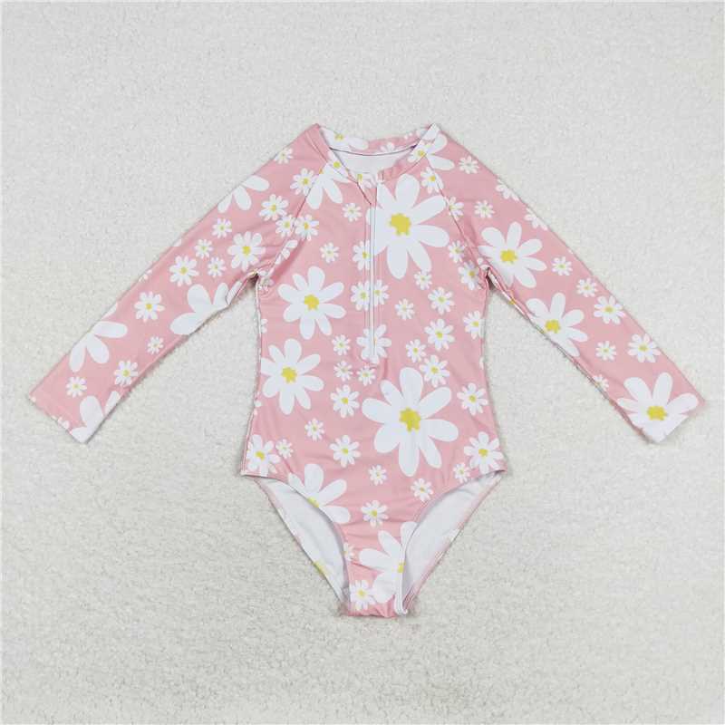 RTS NO MOQ Baby Girls Summer Bodysuit S0244 Long Sleeve Pink Floral Swimsuits