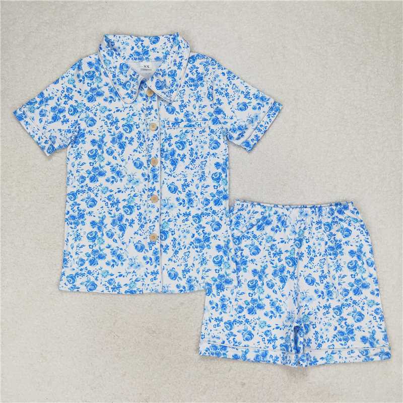 7.4 RTS NO MOQ Adult Women Summer Sets GSSO1148 Color Flowers Short Sleeve Buttons Tee Shorts Pajamas Sets