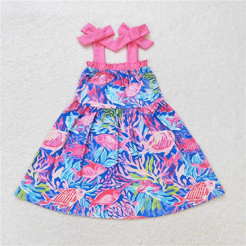 7.25 RTS NO MOQ Summer Baby Girls Dresses GSD1172 Straps Fishes Knee Length Dresses