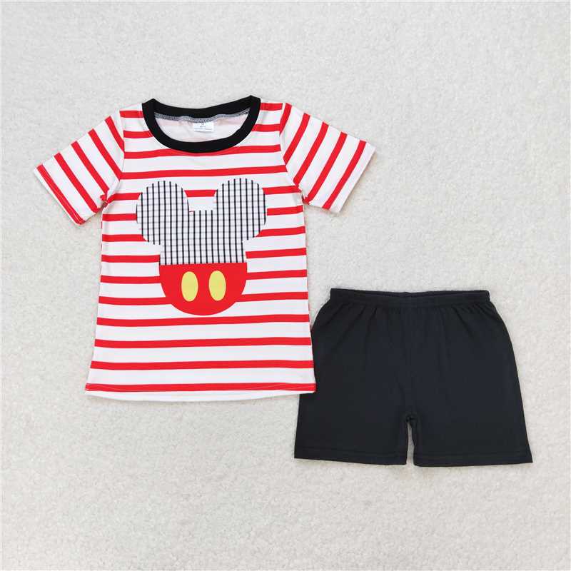 RTS NO MOQ Baby Boys kids Summer Sets BSSO0801 Red striped short-sleeved black shorts suit
