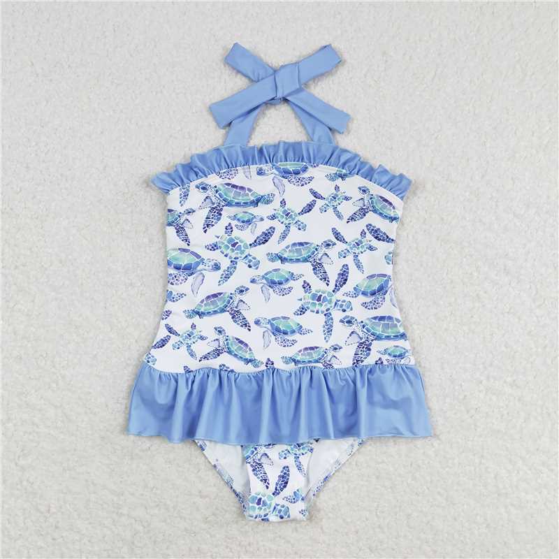 RTS NO MOQ Baby Girls Summer Bodysuit S0430 One Piece Ruffle Halter Turtles Swimsuits