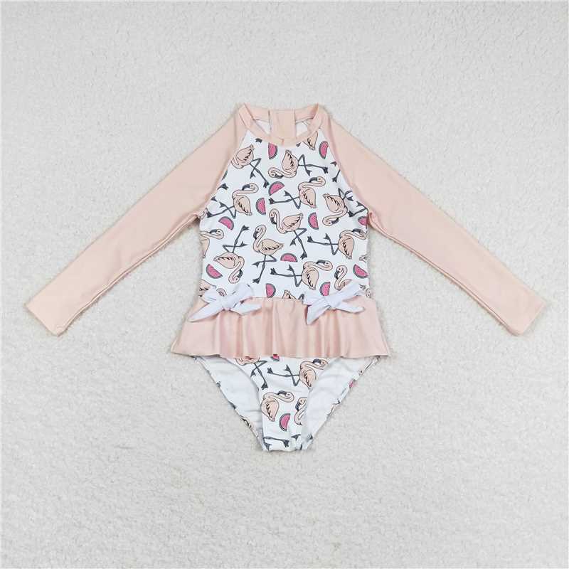 RTS NO MOQ Baby Girls Summer Bodysuit S0245 Flamingo Long Sleeve Pink Swimsuits