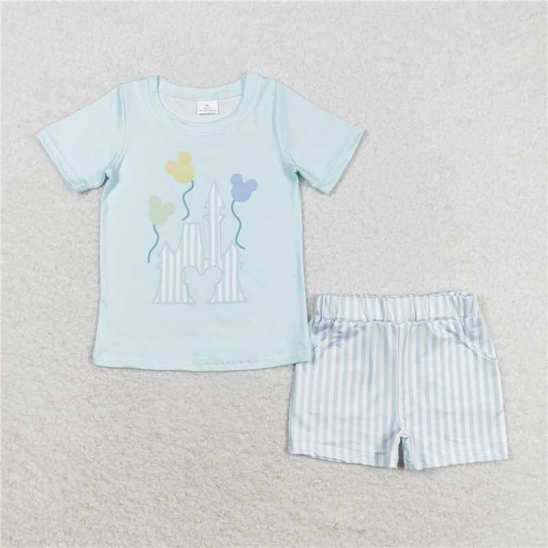 RTS NO MOQ Baby Boys kids Summer Sets BSSO0777 Castle Balloon Blue Short Sleeve Striped Shorts Set
