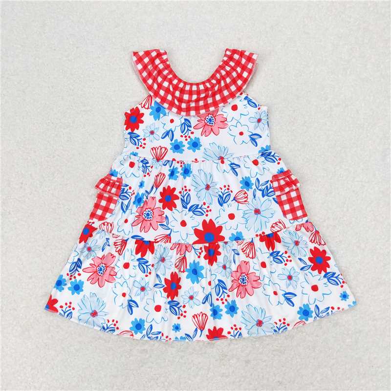 7.22 RTS NO MOQ Summer Baby Girls Dresses GSD1013 Red Flowers Pockets Knee Length Dresses