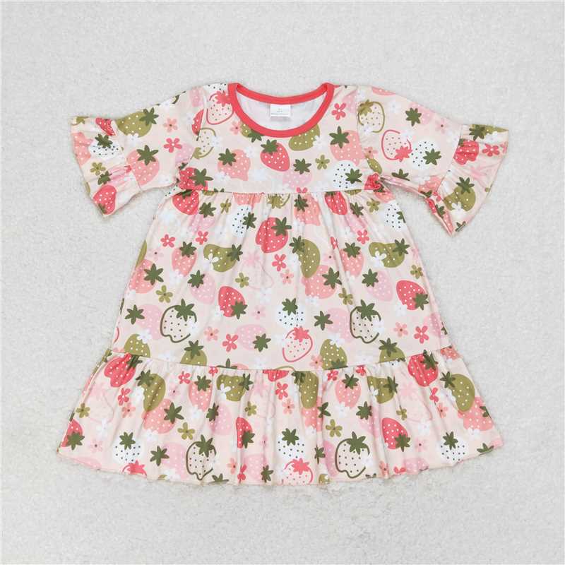 7.22 RTS NO MOQ Summer Baby Girls Dresses GSD1098 Short Sleeve Strawberry Ruffle Knee Length Dresses