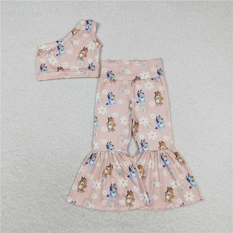 RTS NO MOQ Baby Girls Summer Kids Sets GSPO1536 Pink Dog Flowers One Shoulder Shirt Bell Pants Clothes Sets