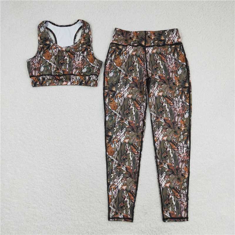 7.4 RTS NO MOQ Adult Women Summer Sets GSPO1460 Camo Leaves Vest Top Pants Yogo Sports Clothes Sets