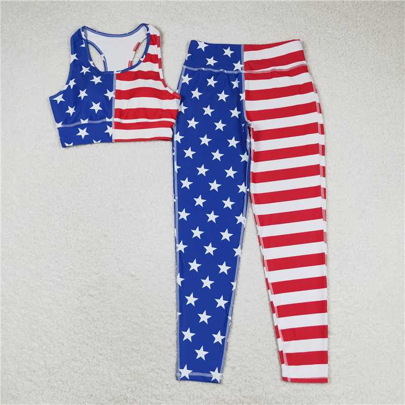 7.4 RTS NO MOQ Adult Women Summer Sets GSPO1486 4th Of July Stars Vest Top Pants Yogo Sports Clothes Sets