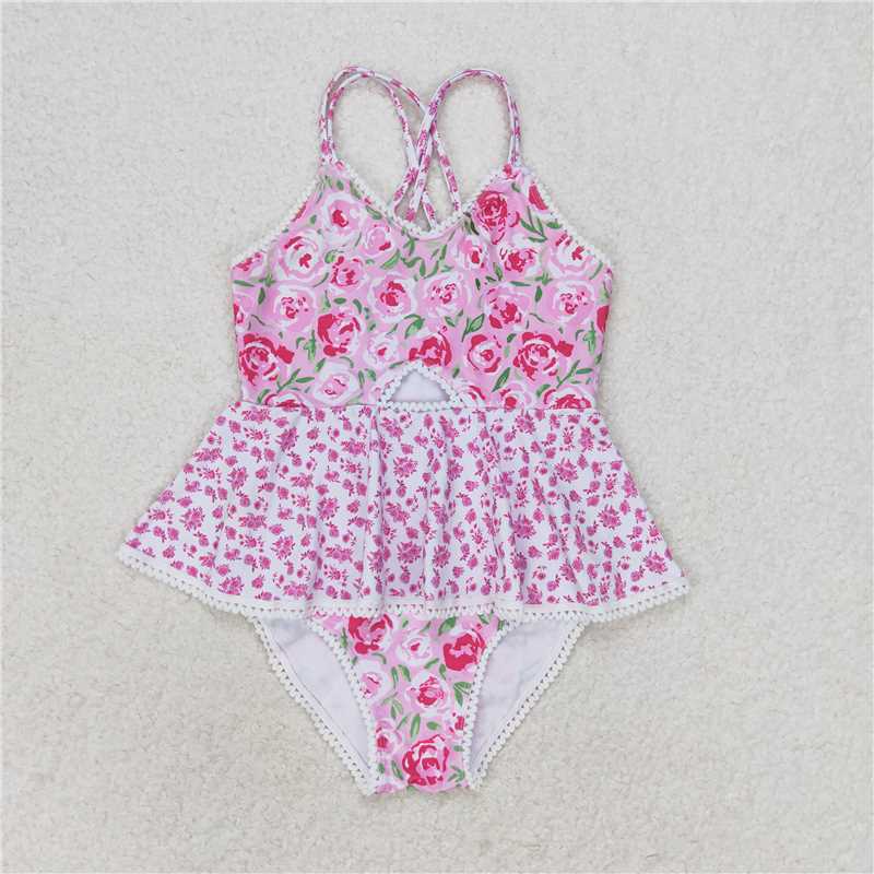 RTS NO MOQ Baby Girls Summer Bodysuit S0247 Pink Rose Flowers Ruffle One Piece Swimsuits