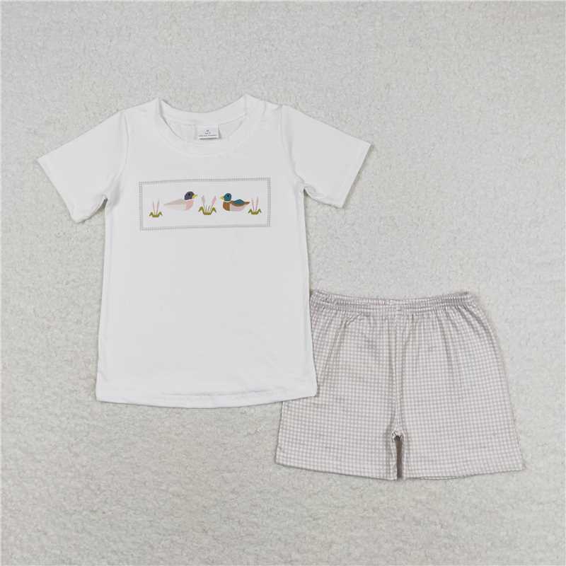 RTS NO MOQ Baby Boys kids Summer Sets BSSO0960 Duck White Short Sleeve Green Plaid Shorts Set