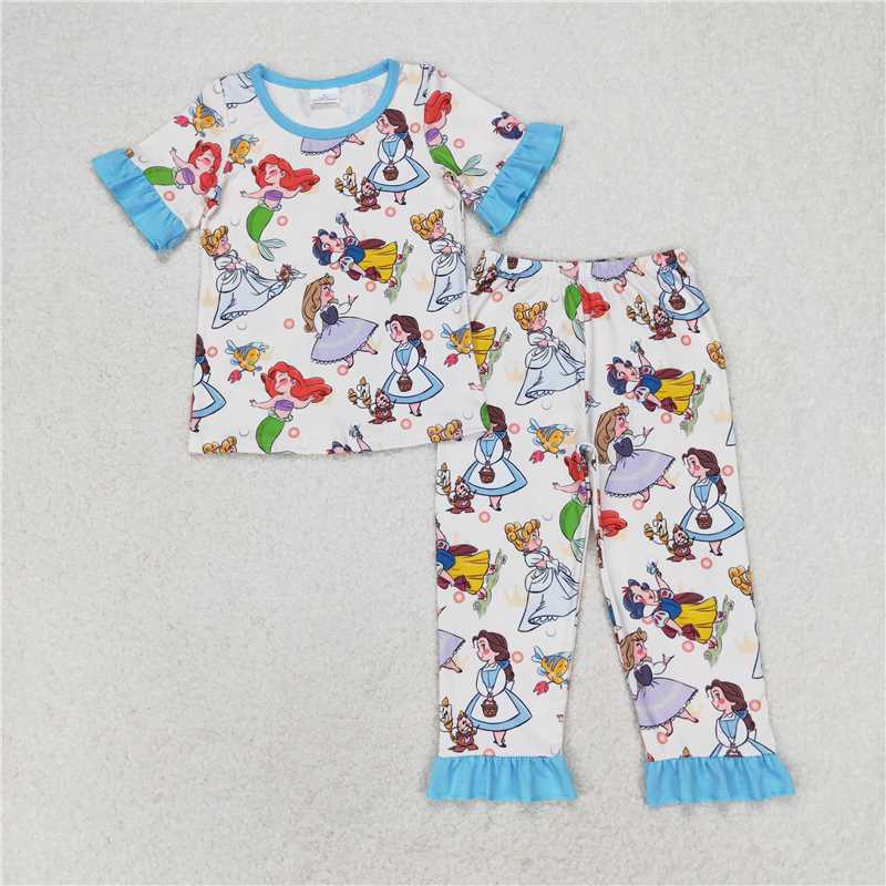 RTS NO MOQ Baby Girls Summer Kids Sets GSPO1556 Mermaid Tee Shirts Top Ruffle Pants Pajamas Clothes Sets